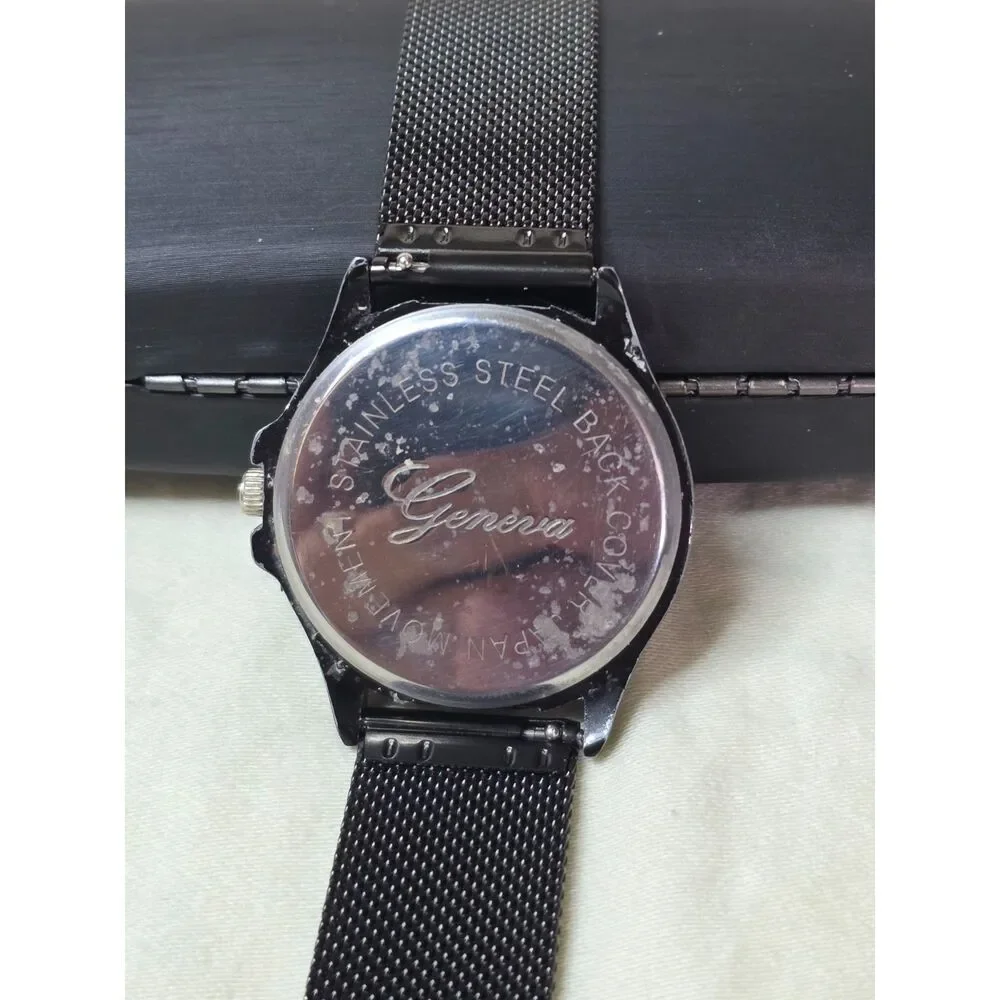 Women's Geneva Black Rhinestone Fashion Watch - 38mm on Mesh Band - New Battery!